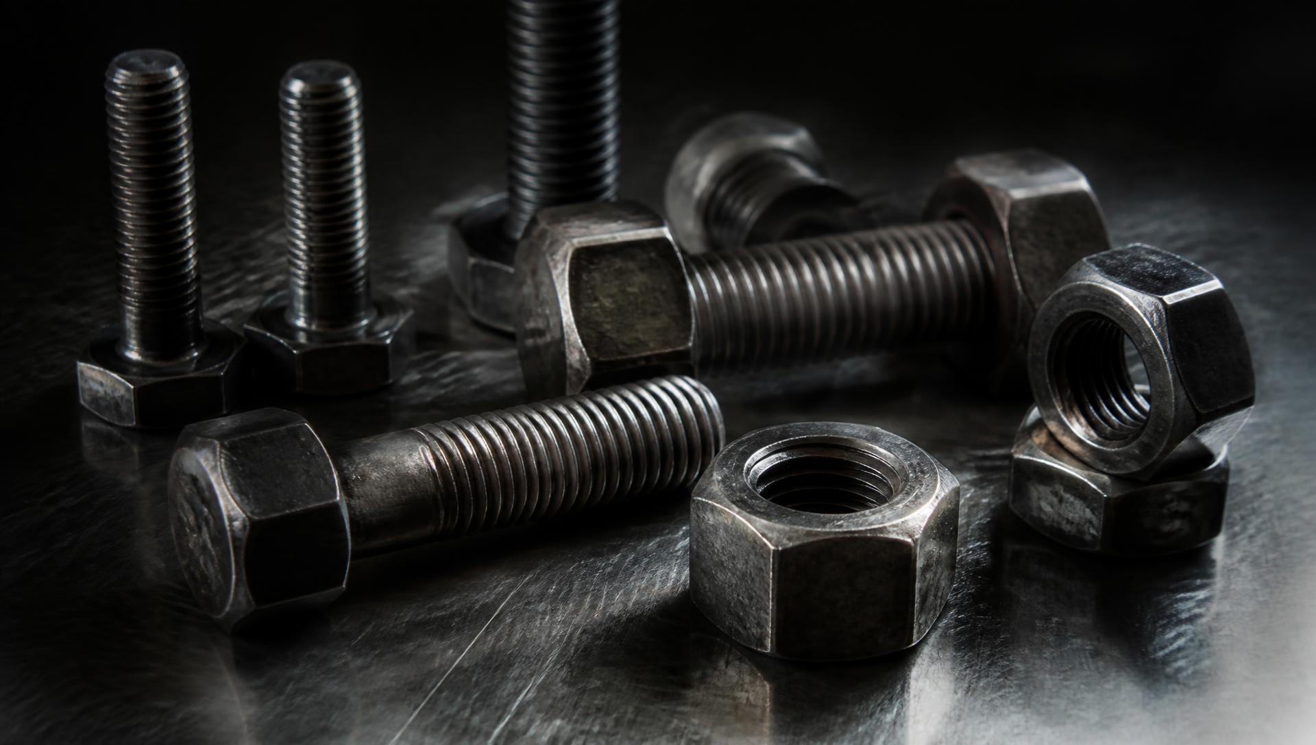 Industrial hex bolts, studs and nuts on a steel surface