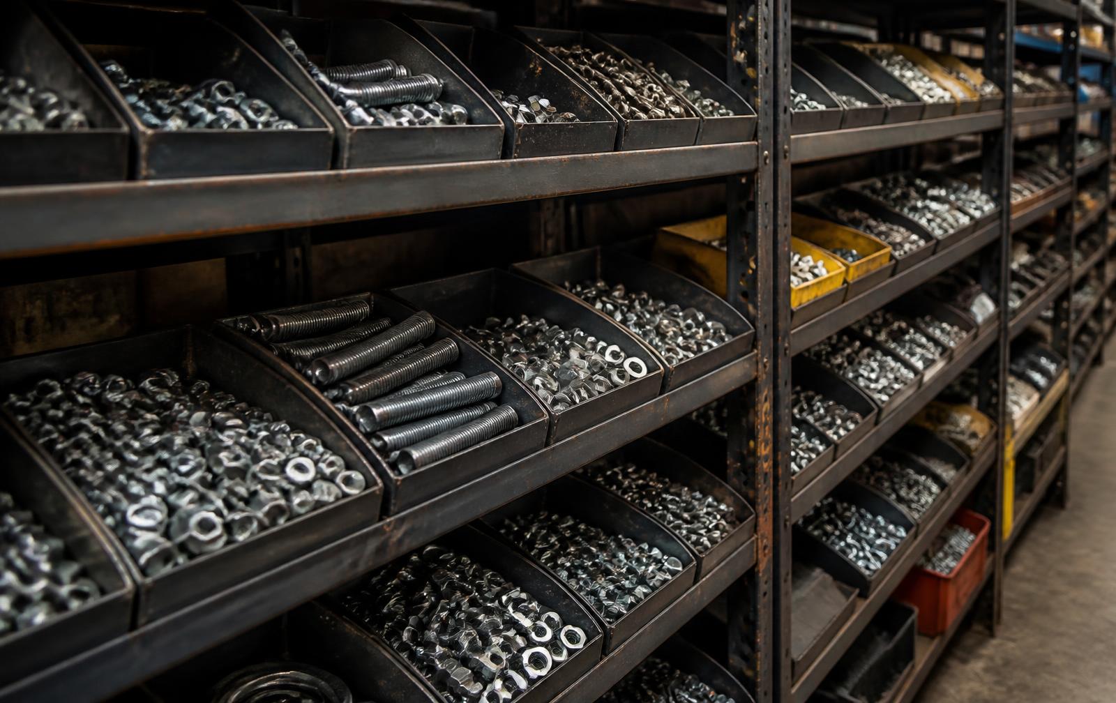 Bins of bolts, nuts and washers on shelving in the Studbolt stores